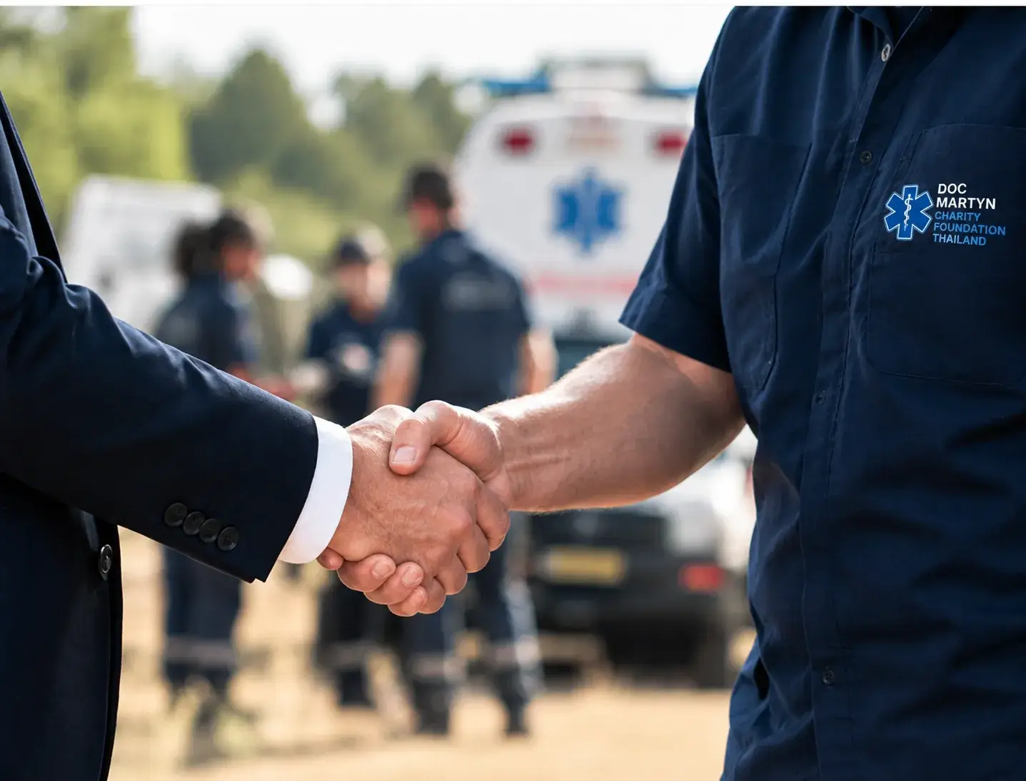 Handshake with Doc Martyn branding and a medical vehicle in the background