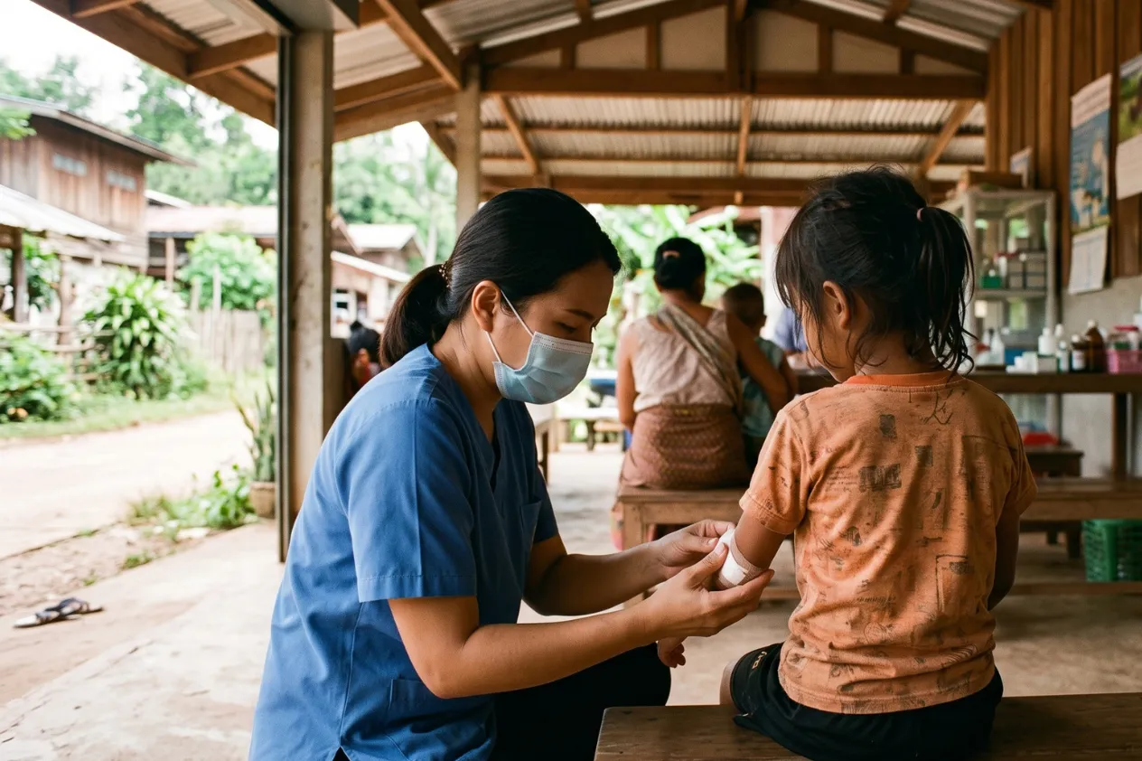 An adult in a blue shirt and mask seated beside a child