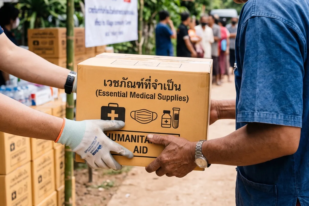 Hands passing a box labelled essential medical supplies