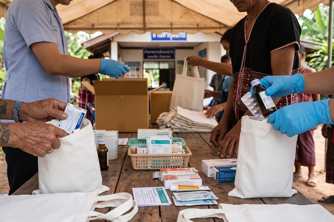 People gathered around a table with bags, boxes and medical supplies