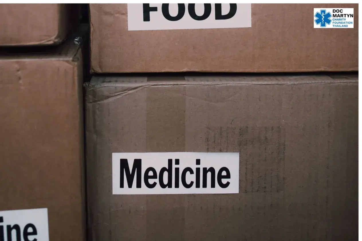 Stacked boxes labelled Medicine and Food with Doc Martyn branding