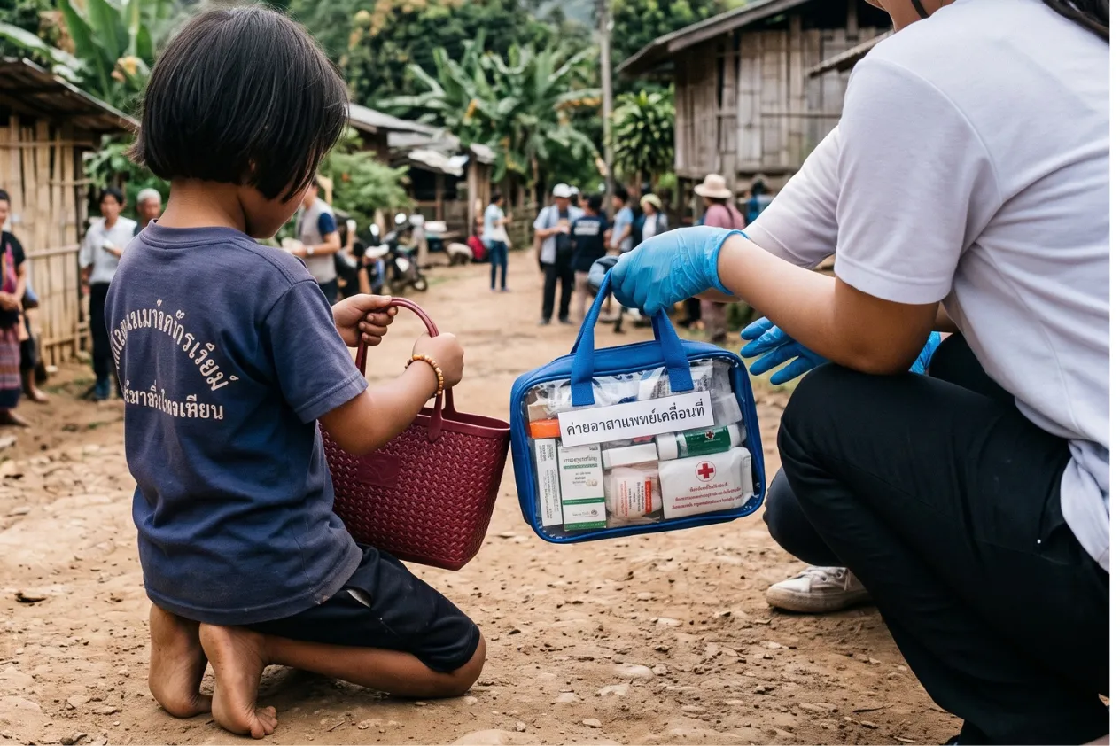 A child with a basket beside an adult holding a blue supply bag